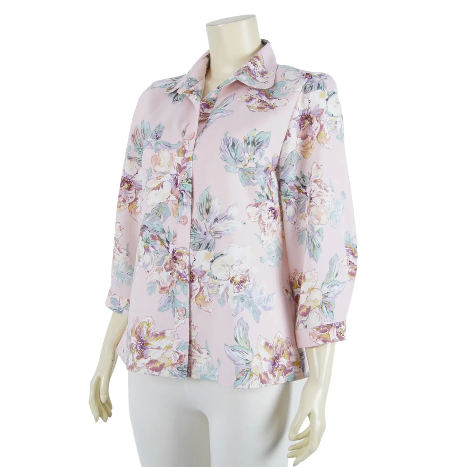 เสื้อเชิ้ต แขน 4 ส่วน สีชมพูลายดอกไม้ - Image 3