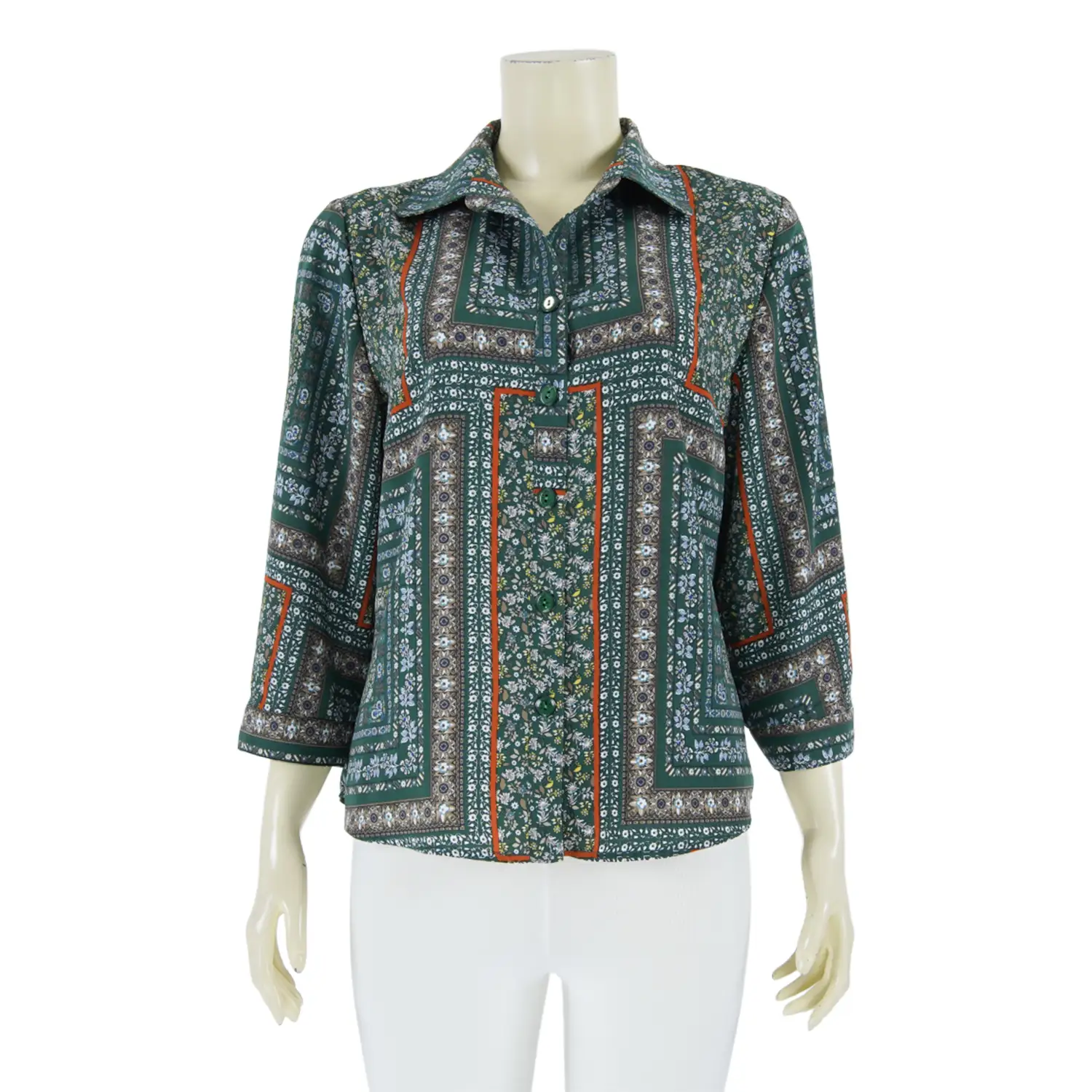 เสื้อเชิ้ต แขน 4 ส่วน ผ้าพีชสกิน ลายสไตล์กระเบื้องสีเขียว
