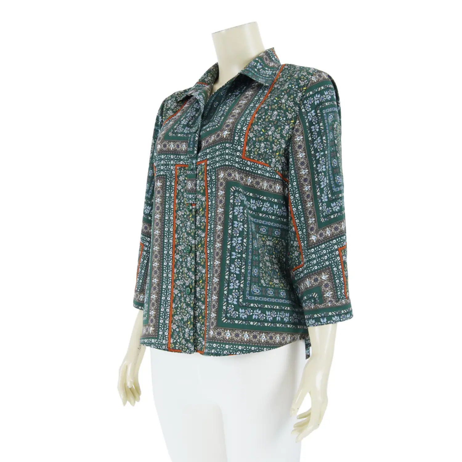 เสื้อเชิ้ต แขน 4 ส่วน ผ้าพีชสกิน ลายสไตล์กระเบื้องสีเขียว - Image 2