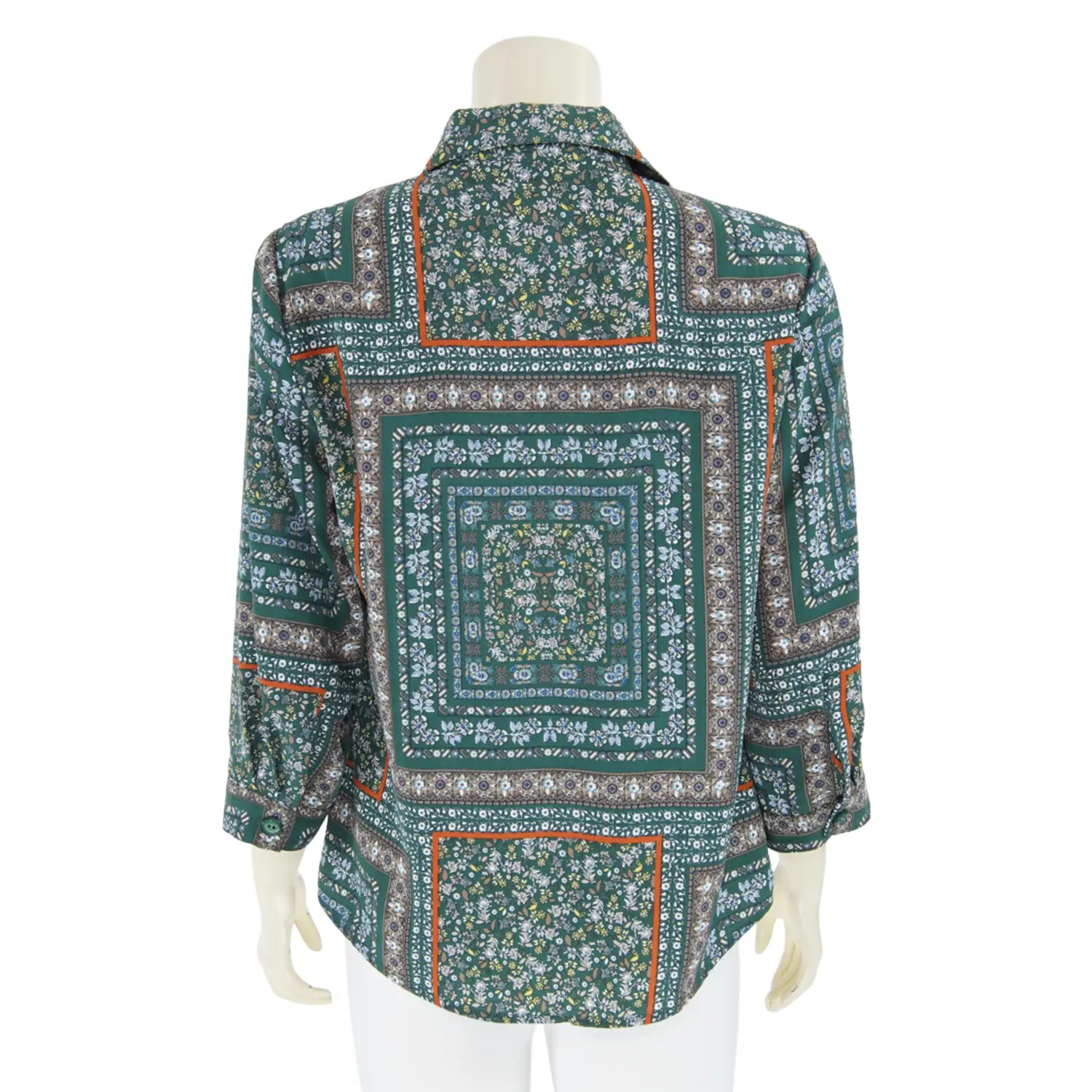 เสื้อเชิ้ต แขน 4 ส่วน ผ้าพีชสกิน ลายสไตล์กระเบื้องสีเขียว - Image 3