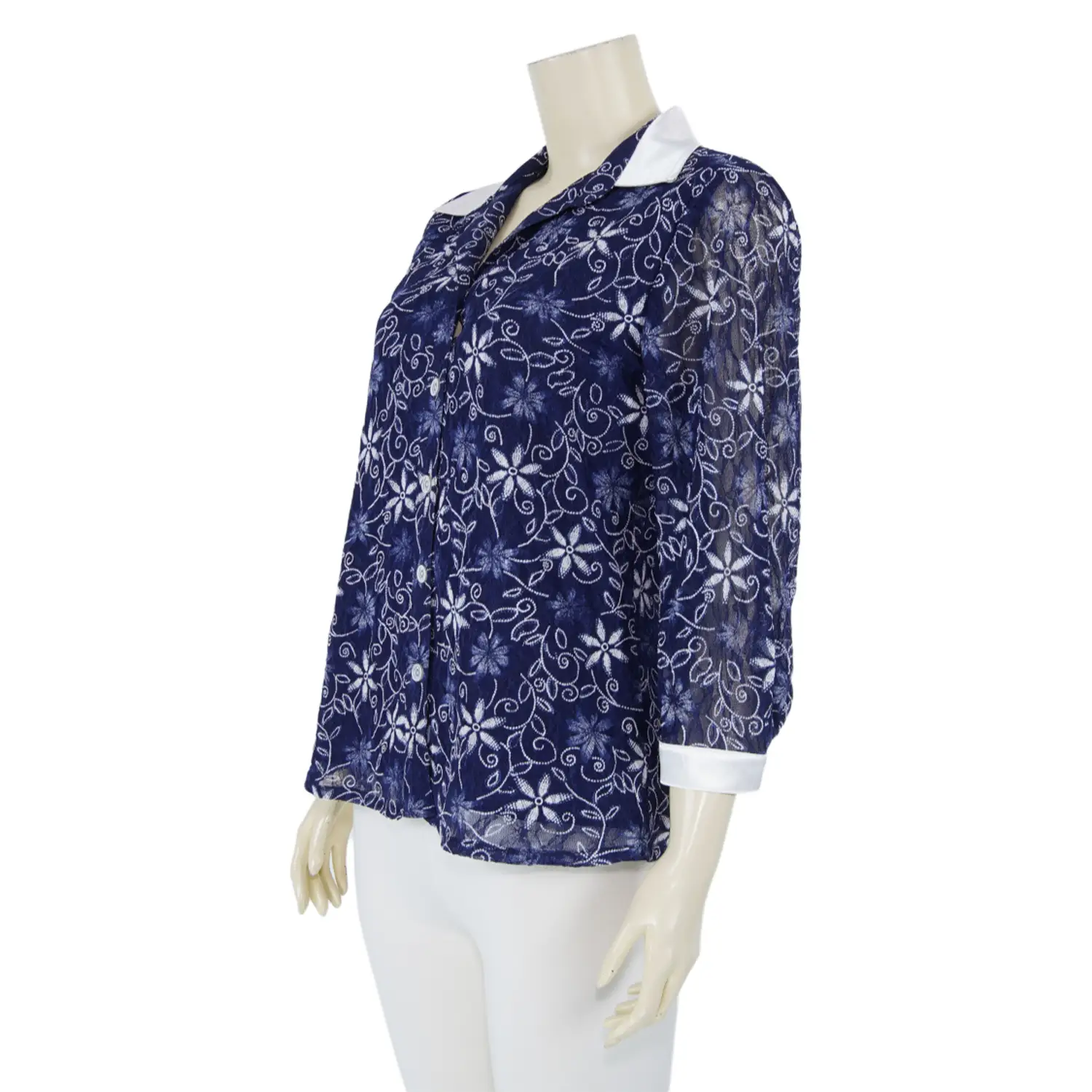 เสื้อเชิ้ต แขน 4 ส่วน ผ้าลูกไม้ราเชล ลายดอกไม้สีกรมท่า - Image 2