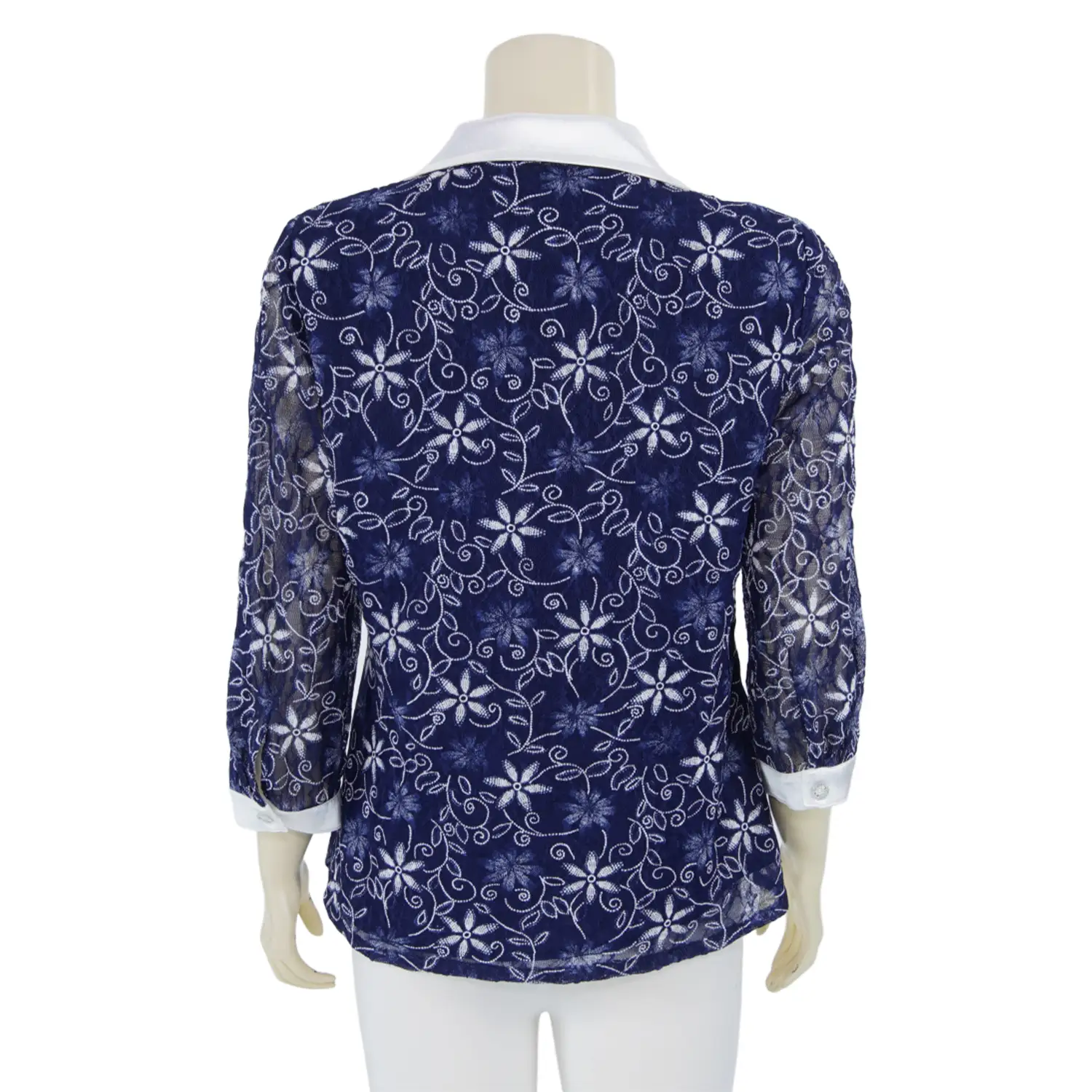 เสื้อเชิ้ต แขน 4 ส่วน ผ้าลูกไม้ราเชล ลายดอกไม้สีกรมท่า - Image 3