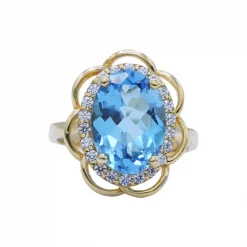 แหวนเงิน925 ชุบทอง18K ประดับโทแพซสีฟ้าและเพชร CZ