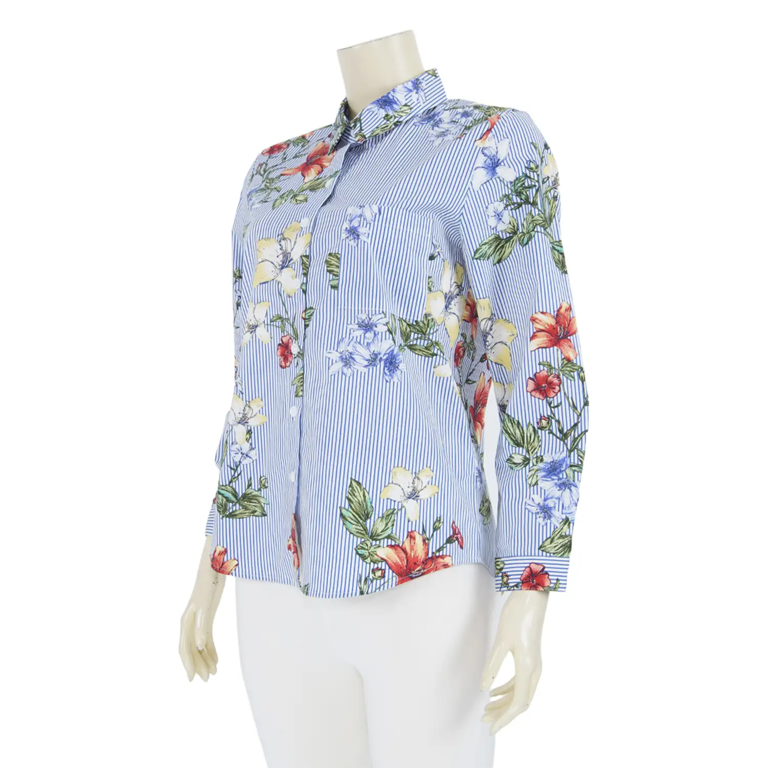 เสื้อเชิ้ต แขนยาว ผ้าลายทาง และลายดอกไม้ - Image 2