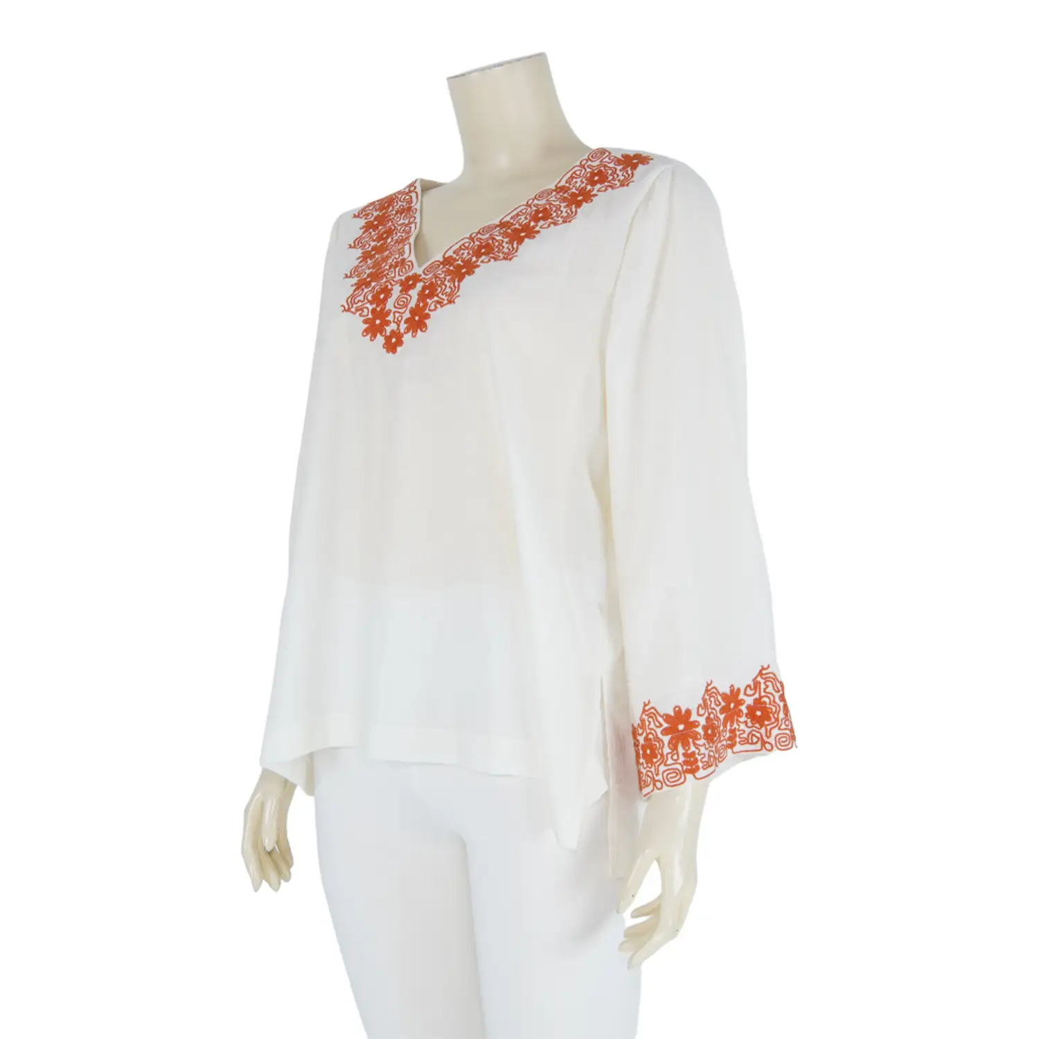 เสื้อคอวี ปักลายดอกไม้ แขนกระบอกยาว 5 ส่วน ผ้าทอลายทวิล - Image 2