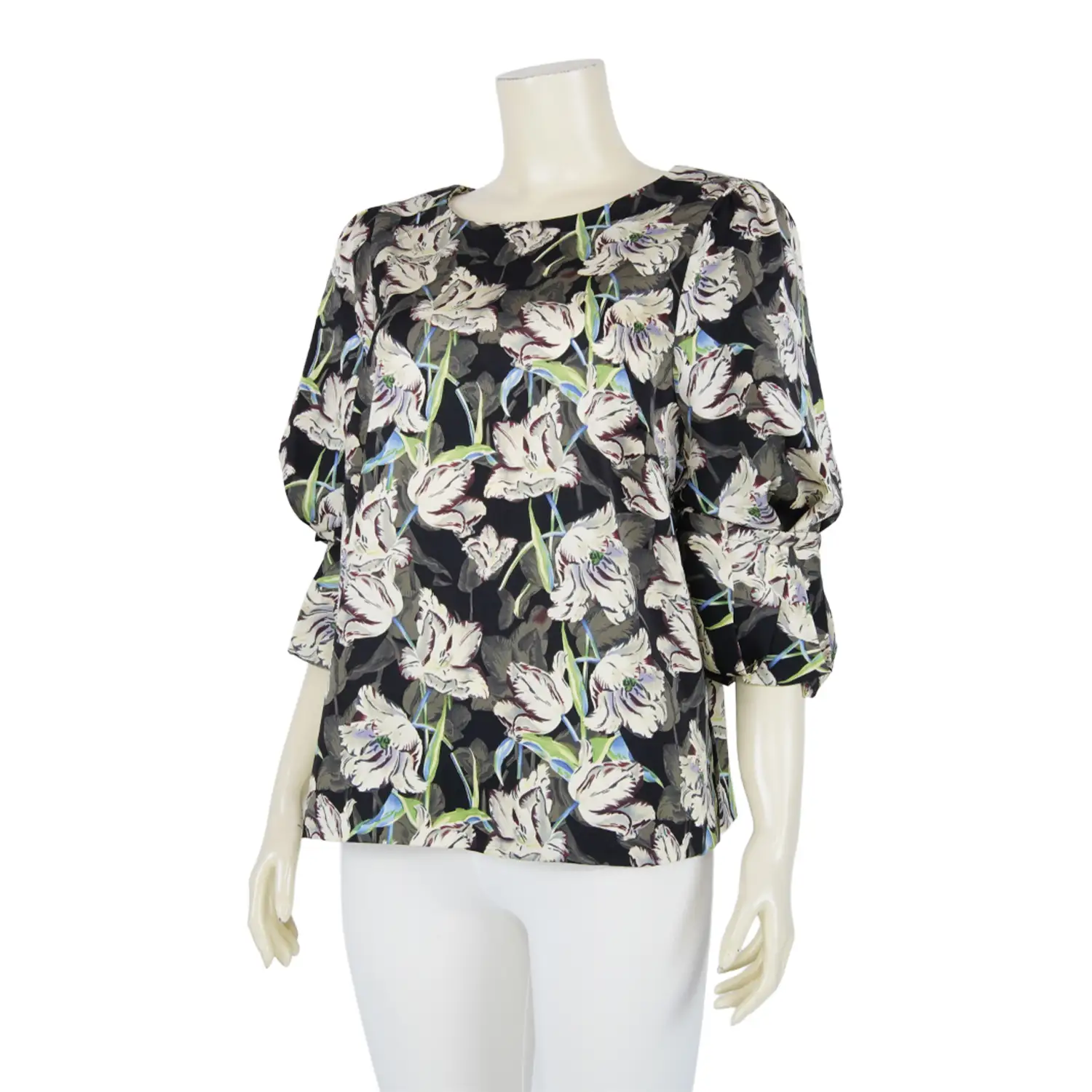 เสื้อคอปาด แขนพอง 4 ส่วน แต่งปลายแขนริบบิ้น ผ้าซาตินลายดอกไม้ - Image 2