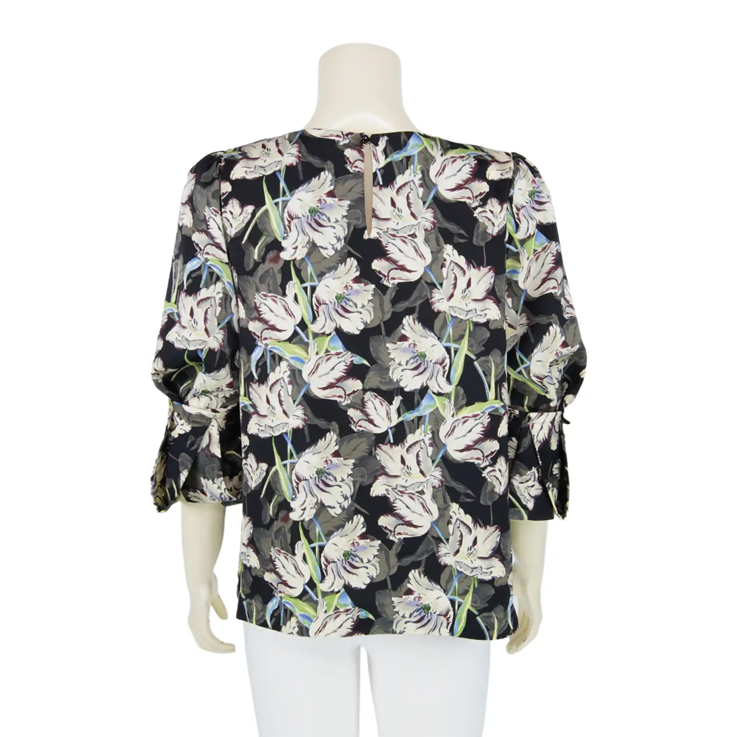 เสื้อคอปาด แขนพอง 4 ส่วน แต่งปลายแขนริบบิ้น ผ้าซาตินลายดอกไม้ - Image 3