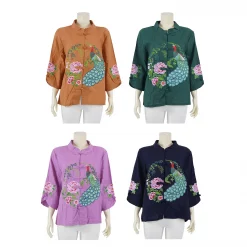 เสื้อคอจีน แขน 4 ส่วน  ผ้าลินินผสมผ้าฝ้าย ปักลายนกยูงและดอกไม้