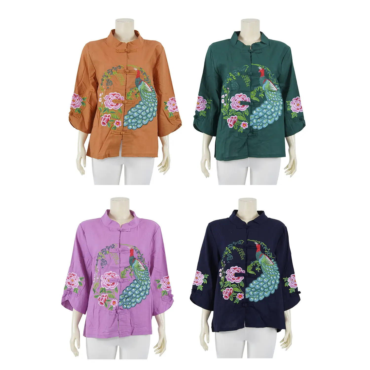 เสื้อคอจีน แขน 4 ส่วน ผ้าลินินผสมผ้าฝ้าย ปักลายนกยูงและดอกไม้