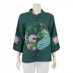 เสื้อคอจีน แขน 4 ส่วน ผ้าลินินผสมผ้าฝ้าย ปักลายนกยูงและดอกไม้ - Image 2