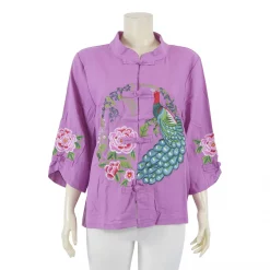 เสื้อคอจีน แขน 4 ส่วน ผ้าลินินผสมผ้าฝ้าย ปักลายนกยูงและดอกไม้ - Image 4
