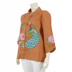 เสื้อคอจีน แขน 4 ส่วน ผ้าลินินผสมผ้าฝ้าย ปักลายนกยูงและดอกไม้ - Image 6