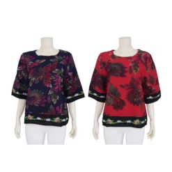 เสื้อคอกลม แขน 3 ส่วน แต่งผ้าปักลายดอกไม้