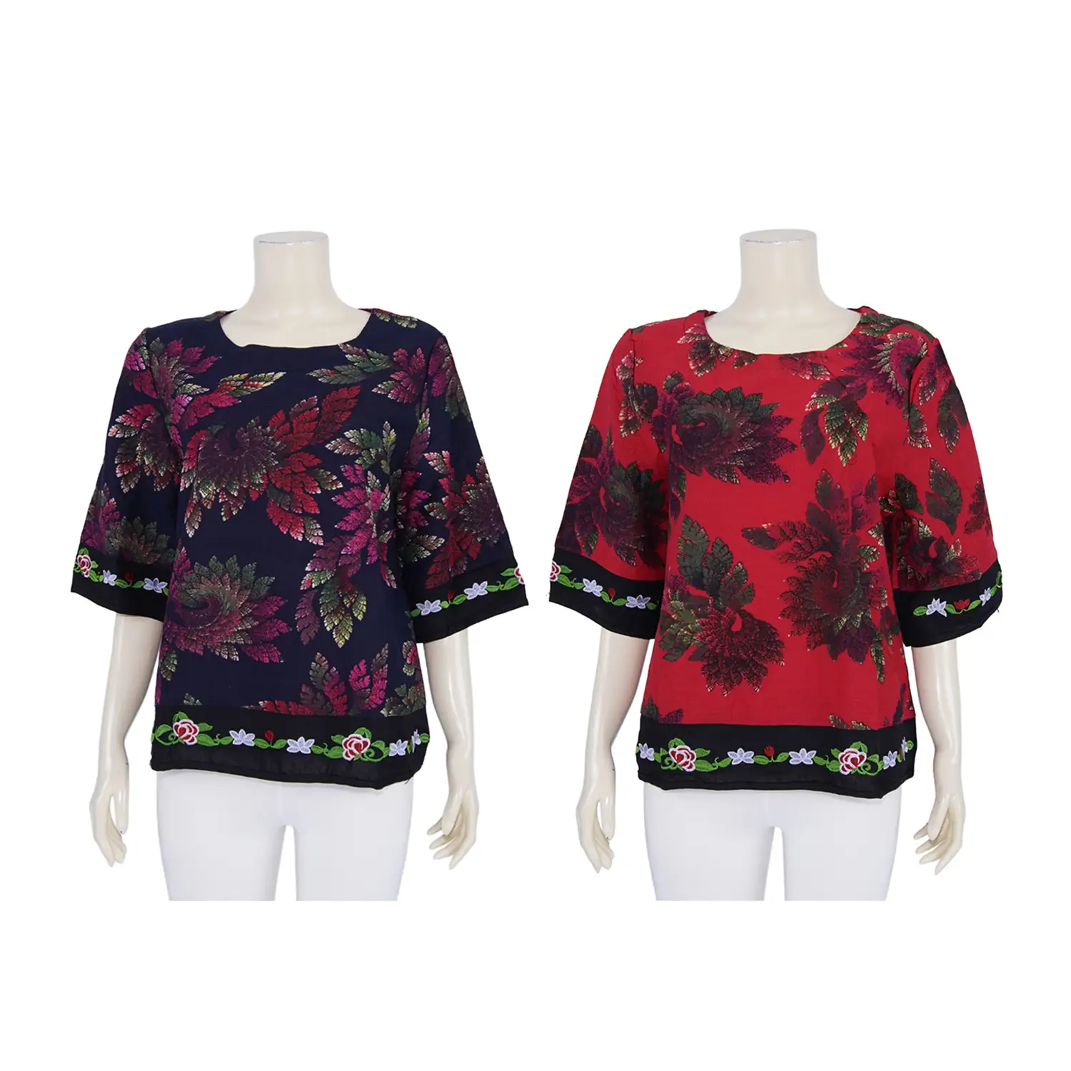 เสื้อคอกลม แขน 3 ส่วน แต่งผ้าปักลายดอกไม้