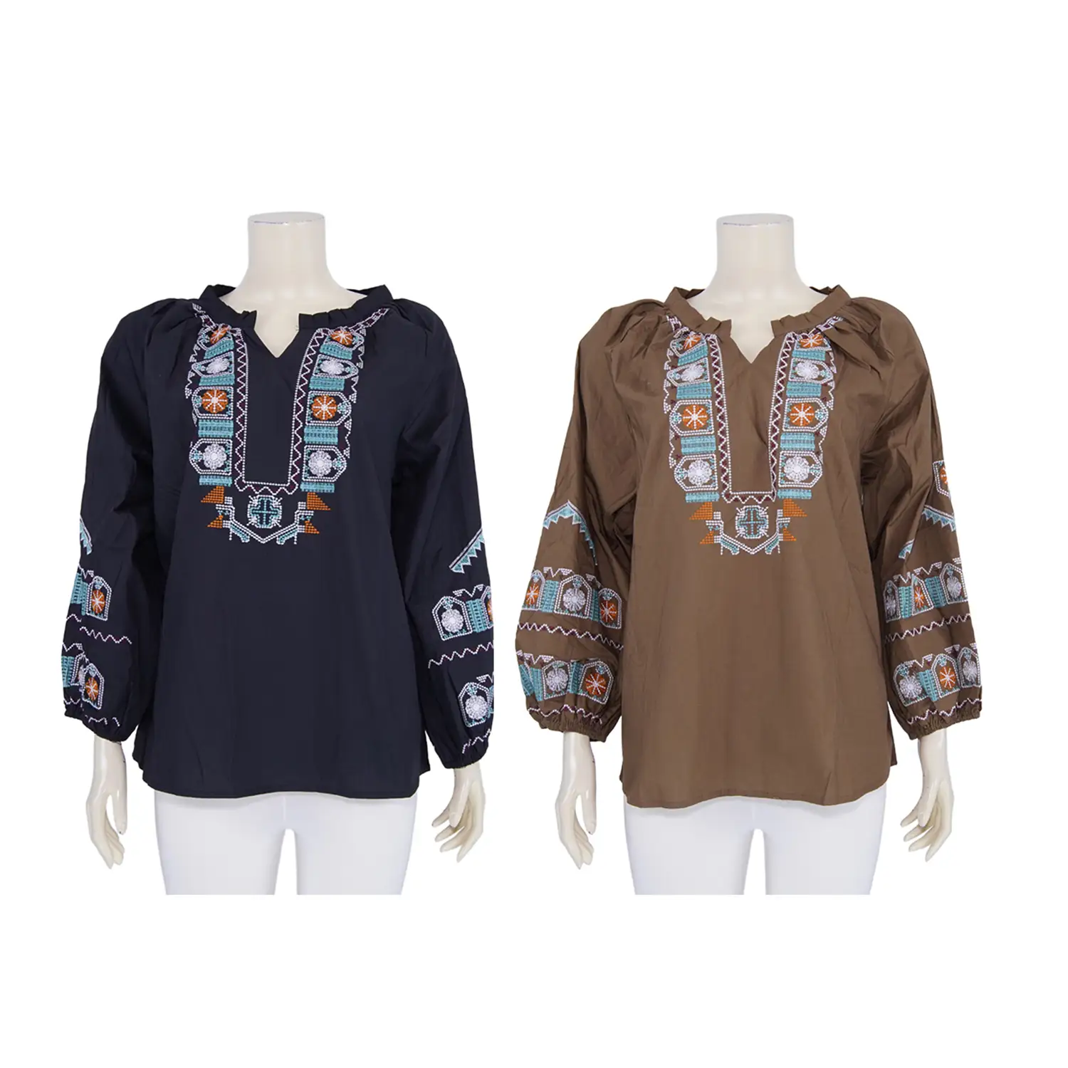 เสื้อคอกลมผ่าคอวี แขน 5 ส่วน จั๊มปลายแขน ผ้าคอตตอนปักลาย