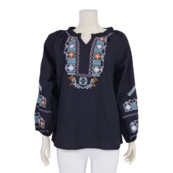 เสื้อคอกลมผ่าคอวี แขน 5 ส่วน จั๊มปลายแขน ผ้าคอตตอนปักลาย - Image 2