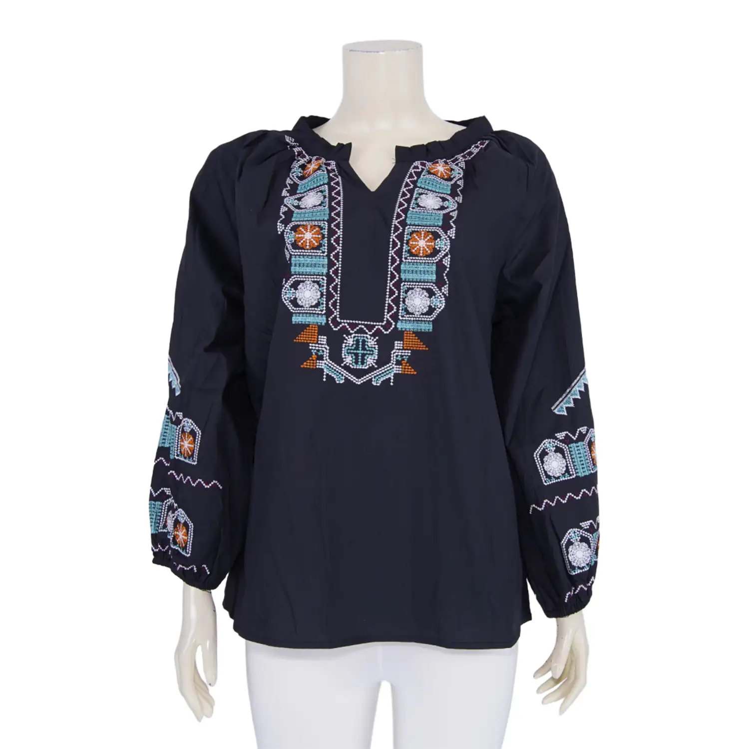 เสื้อคอกลมผ่าคอวี แขน 5 ส่วน จั๊มปลายแขน ผ้าคอตตอนปักลาย - Image 2