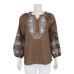 เสื้อคอกลมผ่าคอวี แขน 5 ส่วน จั๊มปลายแขน ผ้าคอตตอนปักลาย - Image 3