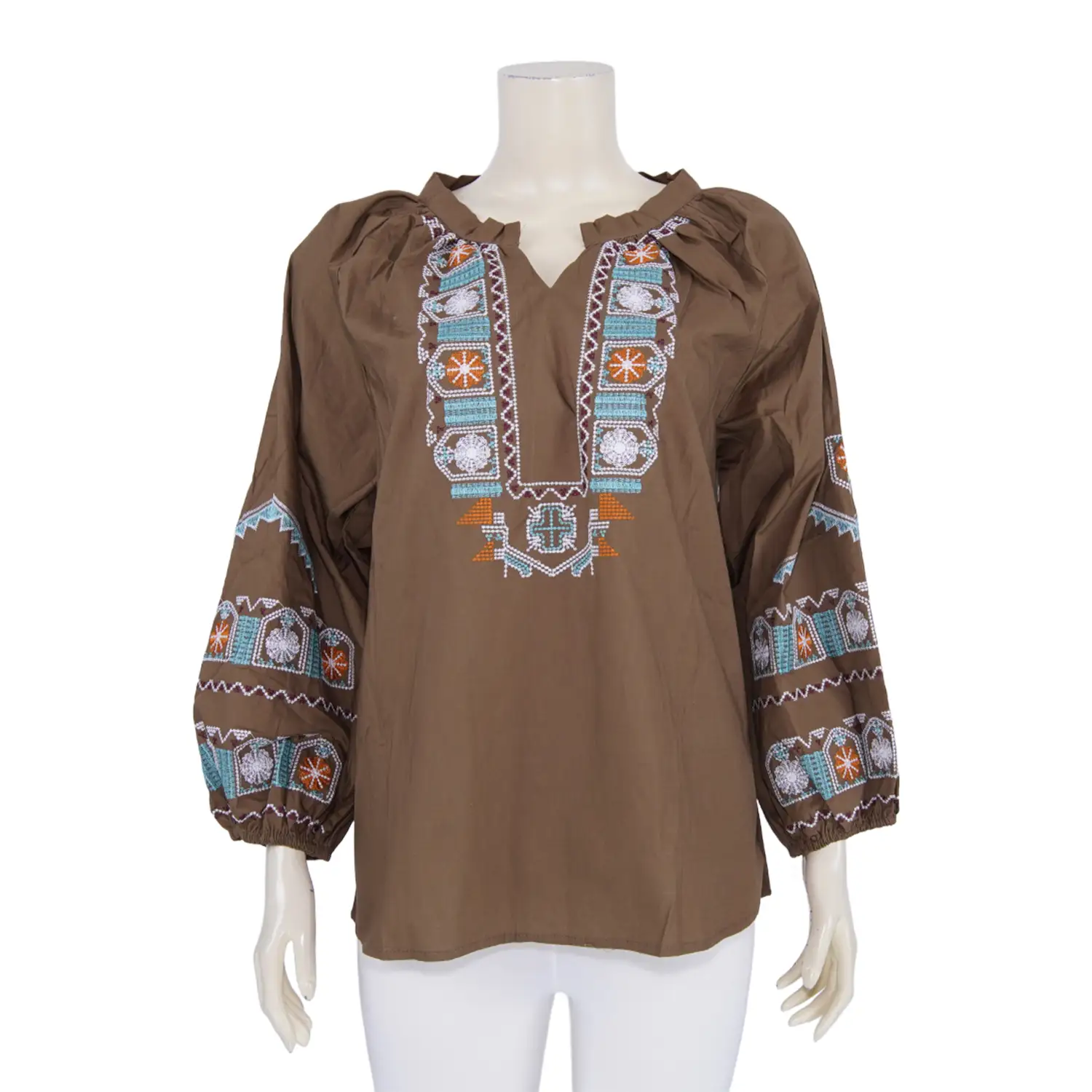 เสื้อคอกลมผ่าคอวี แขน 5 ส่วน จั๊มปลายแขน ผ้าคอตตอนปักลาย - Image 3