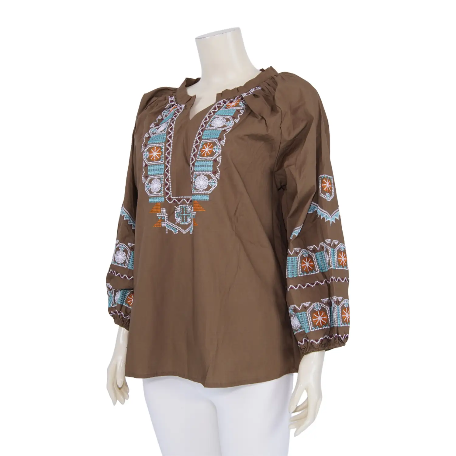 เสื้อคอกลมผ่าคอวี แขน 5 ส่วน จั๊มปลายแขน ผ้าคอตตอนปักลาย - Image 4