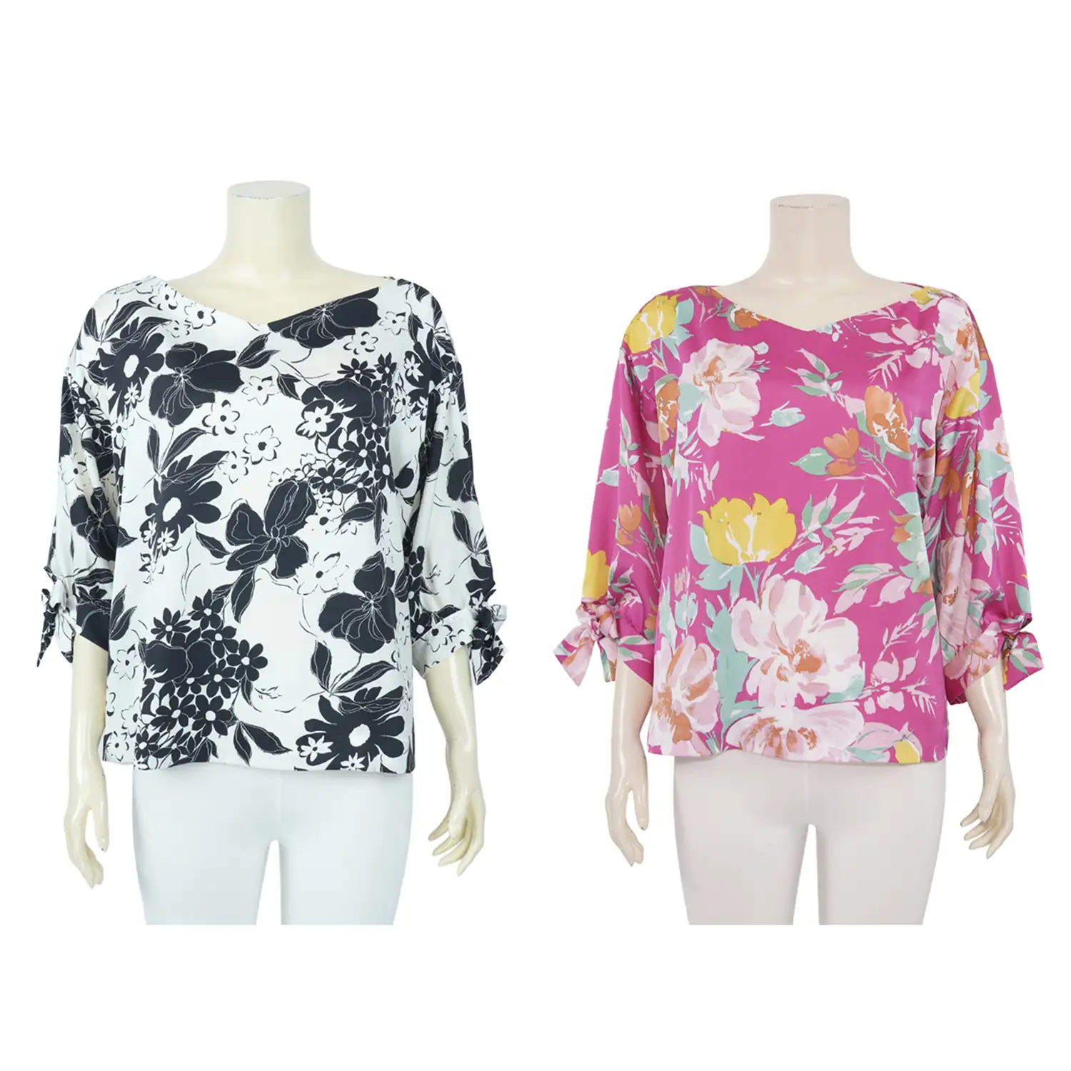 เสื้อคอวีกว้าง แขน 4 ส่วนแต่งโบว์ ผ้าเครปซาตินลายดอกไม้