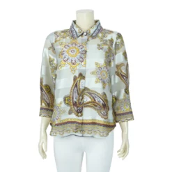 เสื้อเชิ้ต แขน 4 ส่วน  ผ้าเบิร์นเอาท์ ซาตินลายขวาง  พิมพ์ลายเพลสลีย์