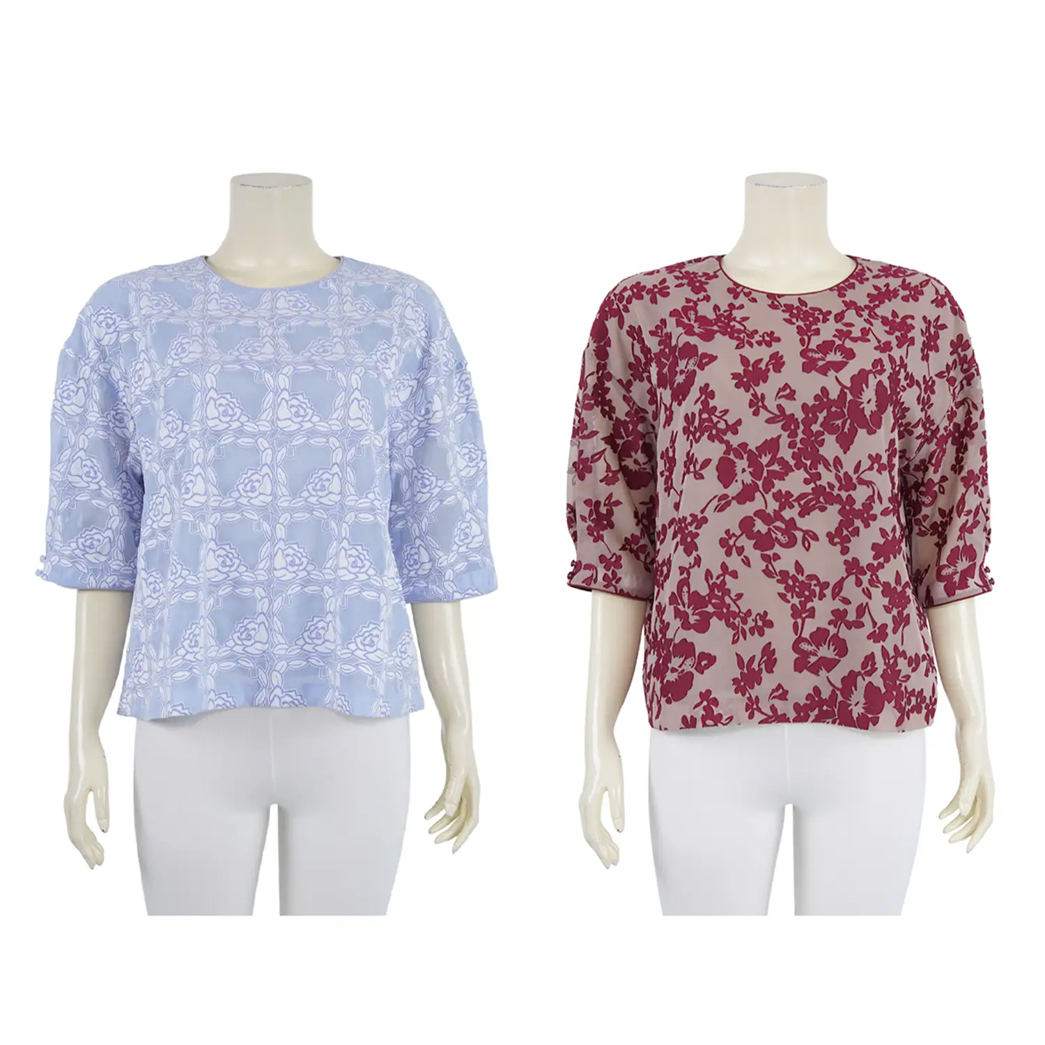 เสื้อคอกลม แขนพอง 4 ส่วน ผ้าเบิร์นเอ้าท์ลายดอกไม้