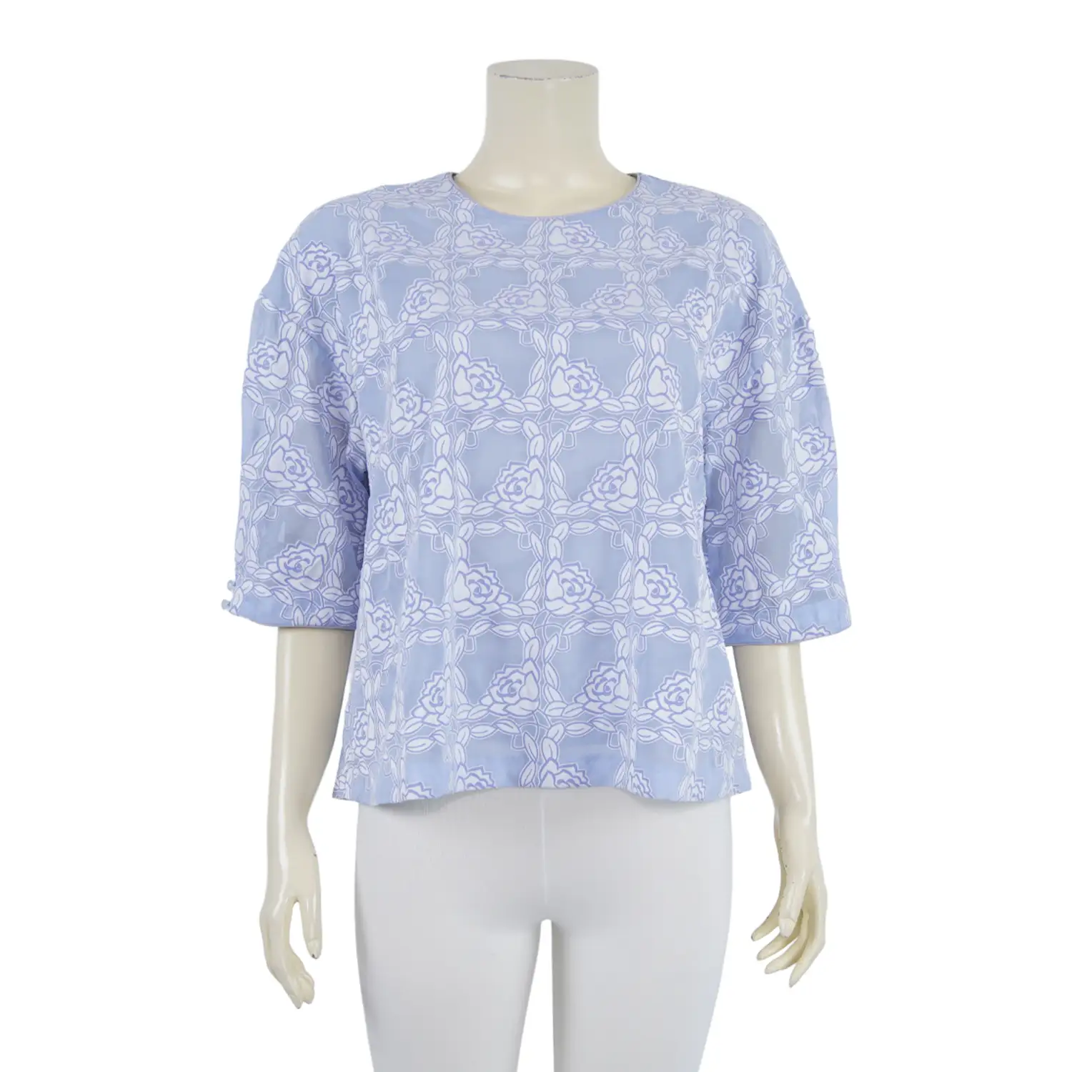 เสื้อคอกลม แขนพอง 4 ส่วน ผ้าเบิร์นเอ้าท์ลายดอกไม้ - Image 2