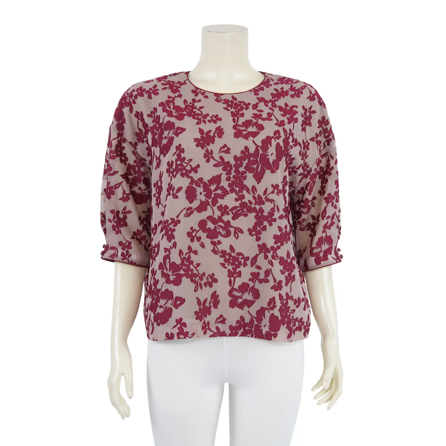 เสื้อคอกลม แขนพอง 4 ส่วน ผ้าเบิร์นเอ้าท์ลายดอกไม้ - Image 3