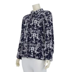 เสื้อคอตั้ง แต่งเทปลูกไม้ แขนยาวทรงกระบอก ผ้าสเปเชียลโคโม่ลายม้า - Image 2