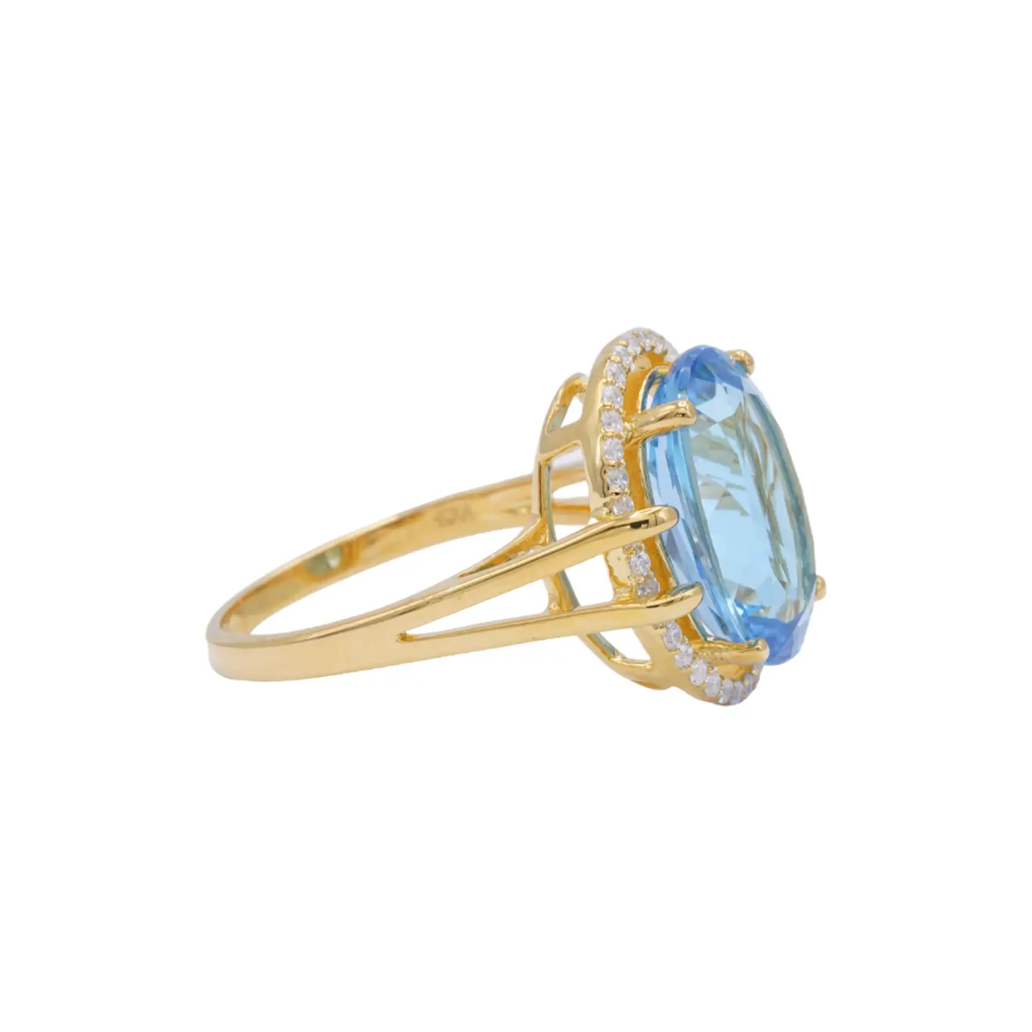 แหวนเงิน925 ชุบทอง18K ประดับโทแพซสีฟ้าทรงรี ล้อมด้วยเพชร CZ - Image 3