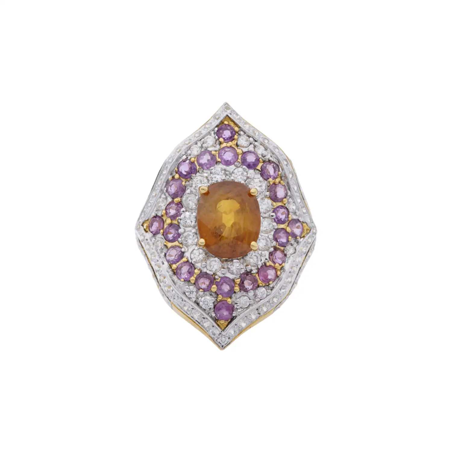 แหวนเงิน925 ชุบทอง18K ประดับบุษราคัม, ทับทิม และเซอร์คอนสีขาว