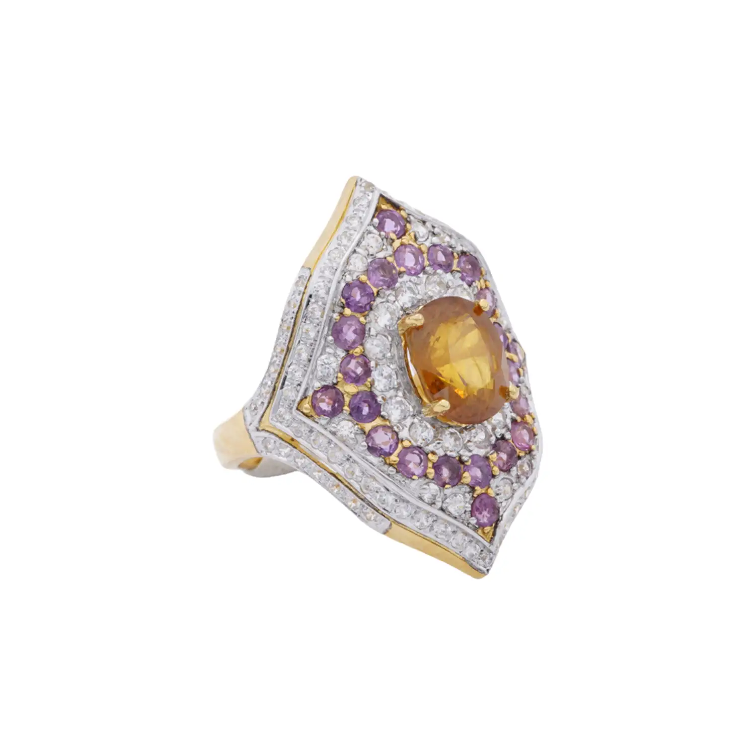 แหวนเงิน925 ชุบทอง18K ประดับบุษราคัม, ทับทิม และเซอร์คอนสีขาว - Image 2