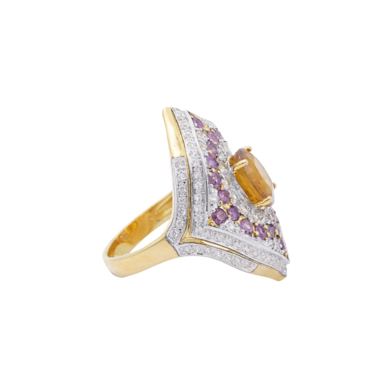 แหวนเงิน925 ชุบทอง18K ประดับบุษราคัม, ทับทิม และเซอร์คอนสีขาว - Image 3