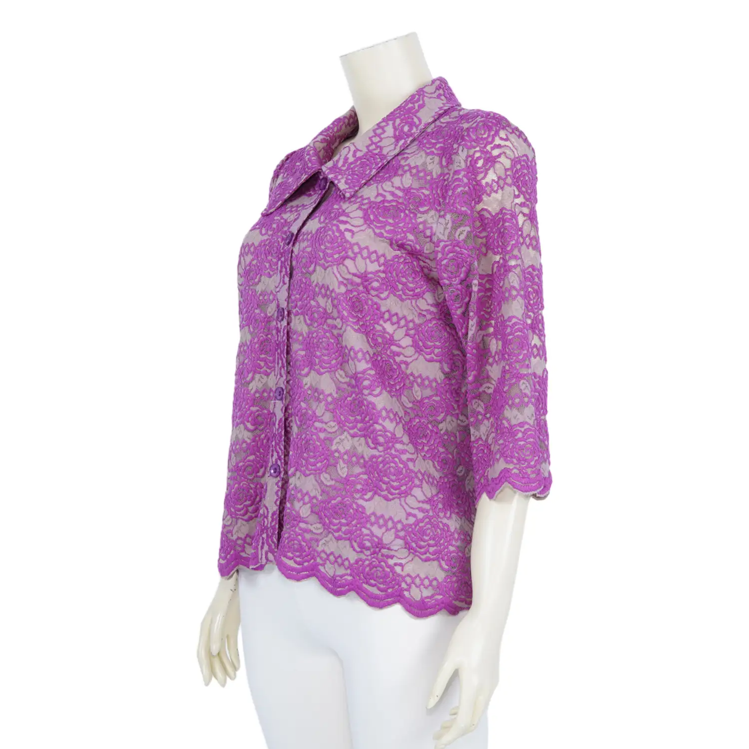 เสื้อเชิ้ตคอปกบัวแหลมแขนกระบอก 3 ส่วน ผ้าลูกไม้ฮันน่าลายดอกไม้ - Image 2