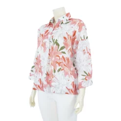 เสื้อคอปกผ่าคอวีแขน 4 ส่วน ผ้าลินิน ลายดอกไม้โทนสีส้ม - Image 2