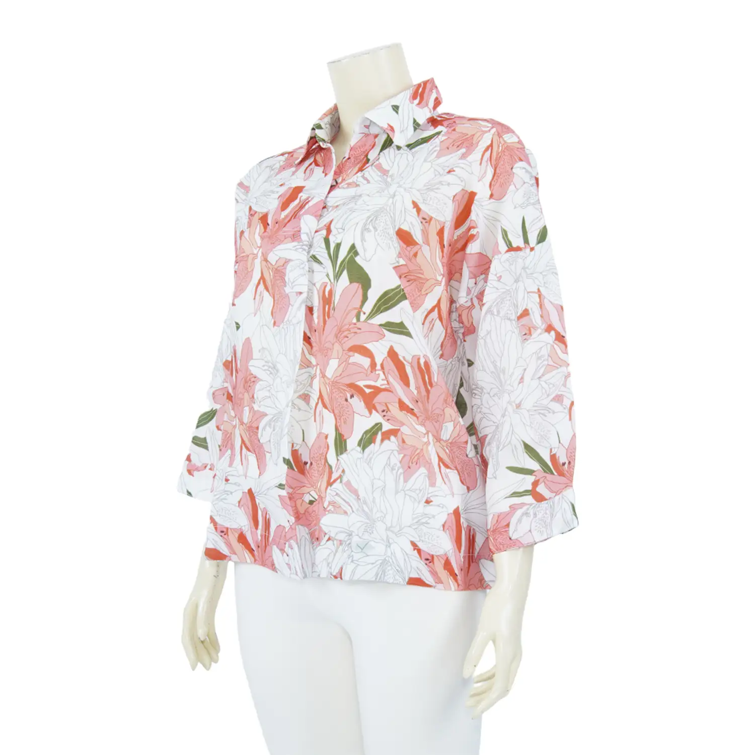 เสื้อคอปกผ่าคอวีแขน 4 ส่วน ผ้าลินิน ลายดอกไม้โทนสีส้ม - Image 2