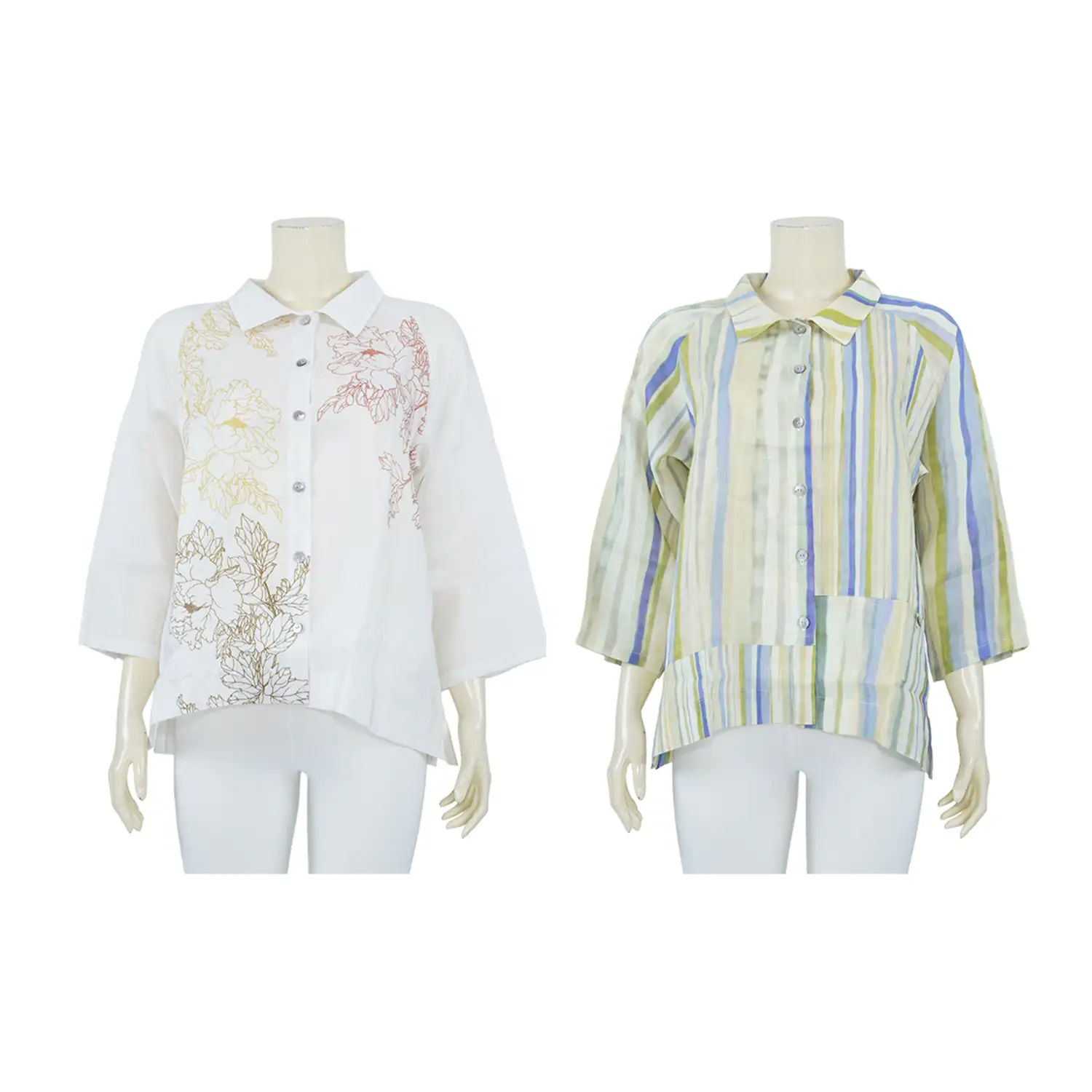 เสื้อเชิ้ต แขนแร็กแลนยาว 5 ส่วน ผ้าลินินพิมพ์ลาย