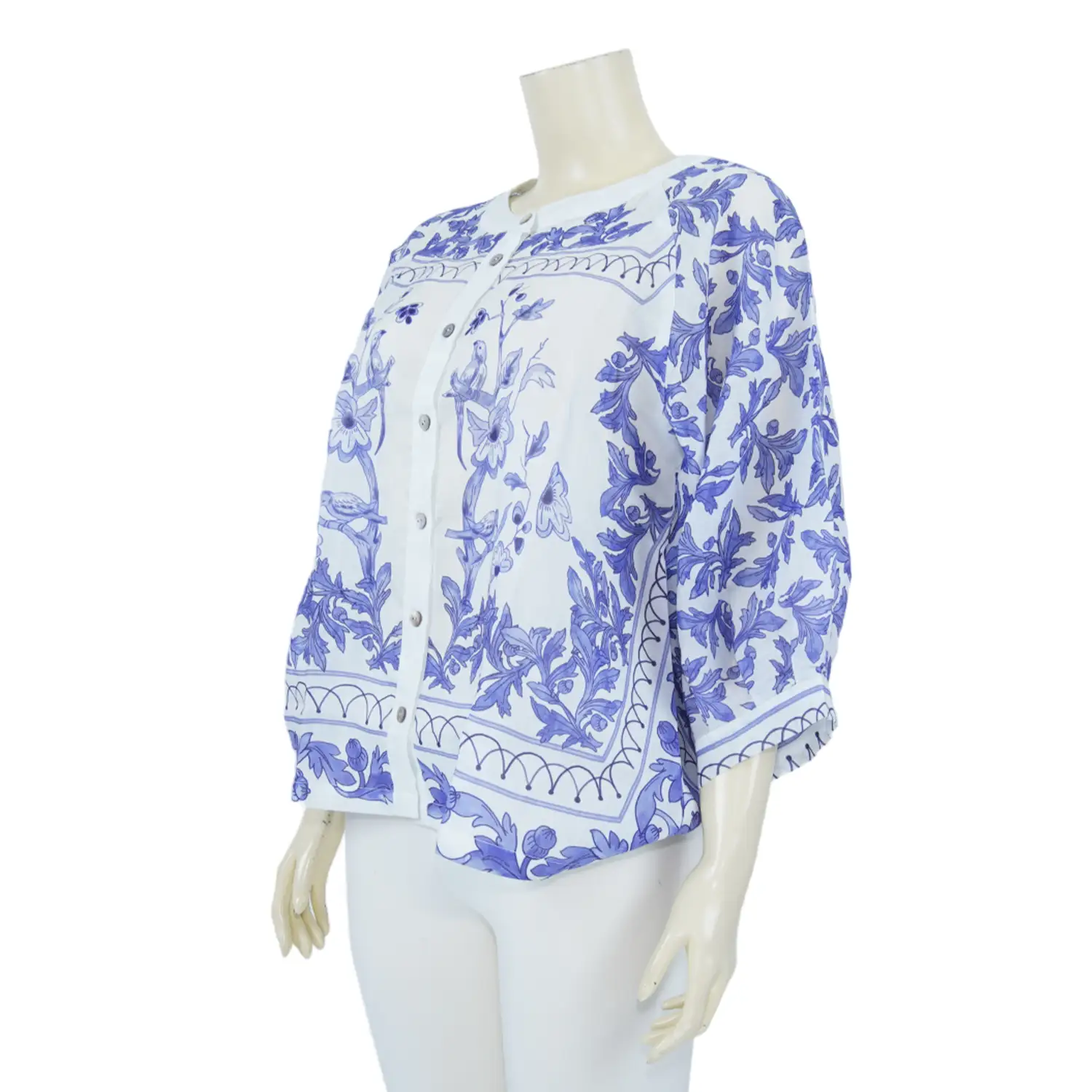 เสื้อคอกลมแขนแร็กแลนยาว 4 ส่วน ผ้าลินินลายนกและดอกไม้ - Image 2