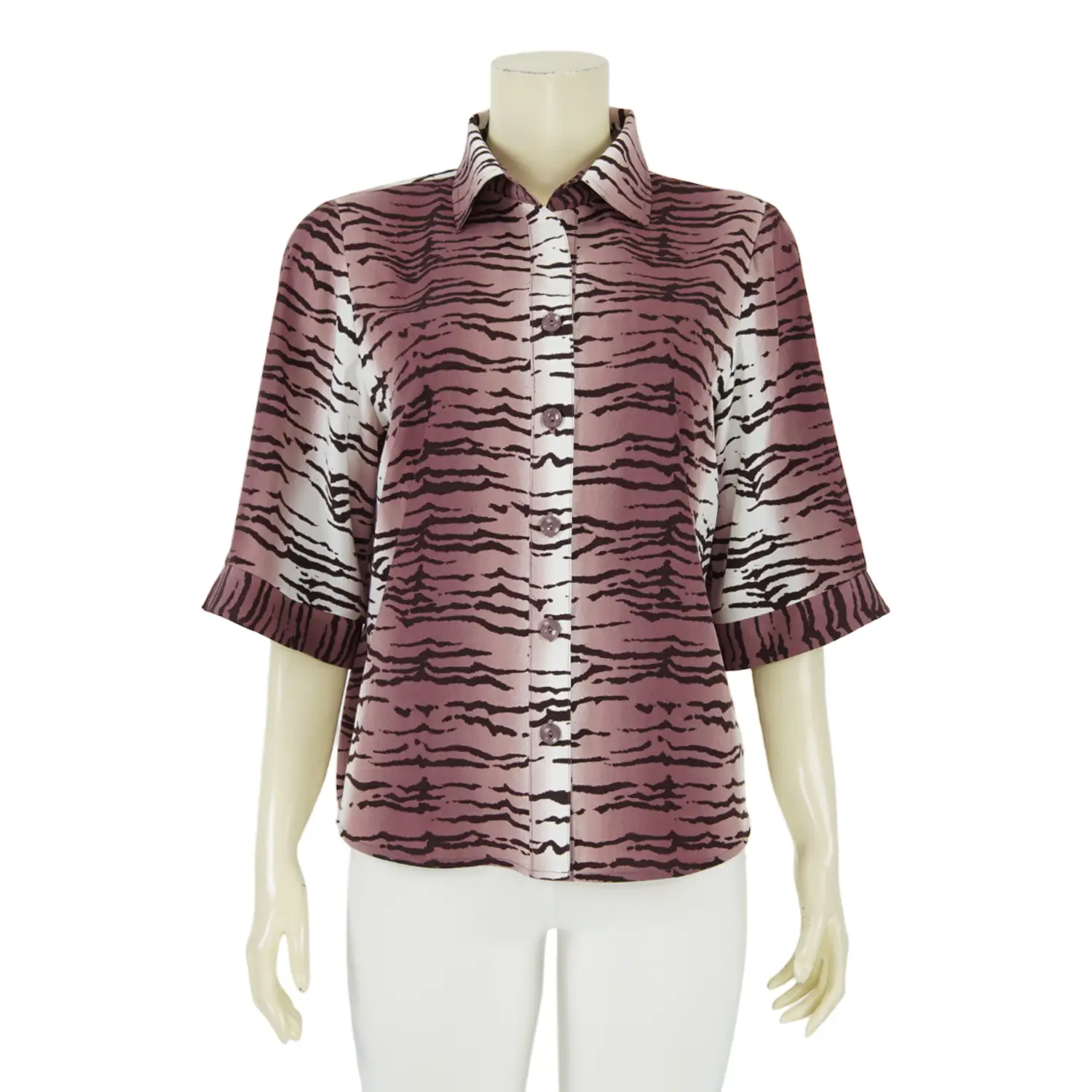เสื้อเชิ้ตปลายปกมน แขน 3 ส่วน ลายเสือโทนสีแดง
