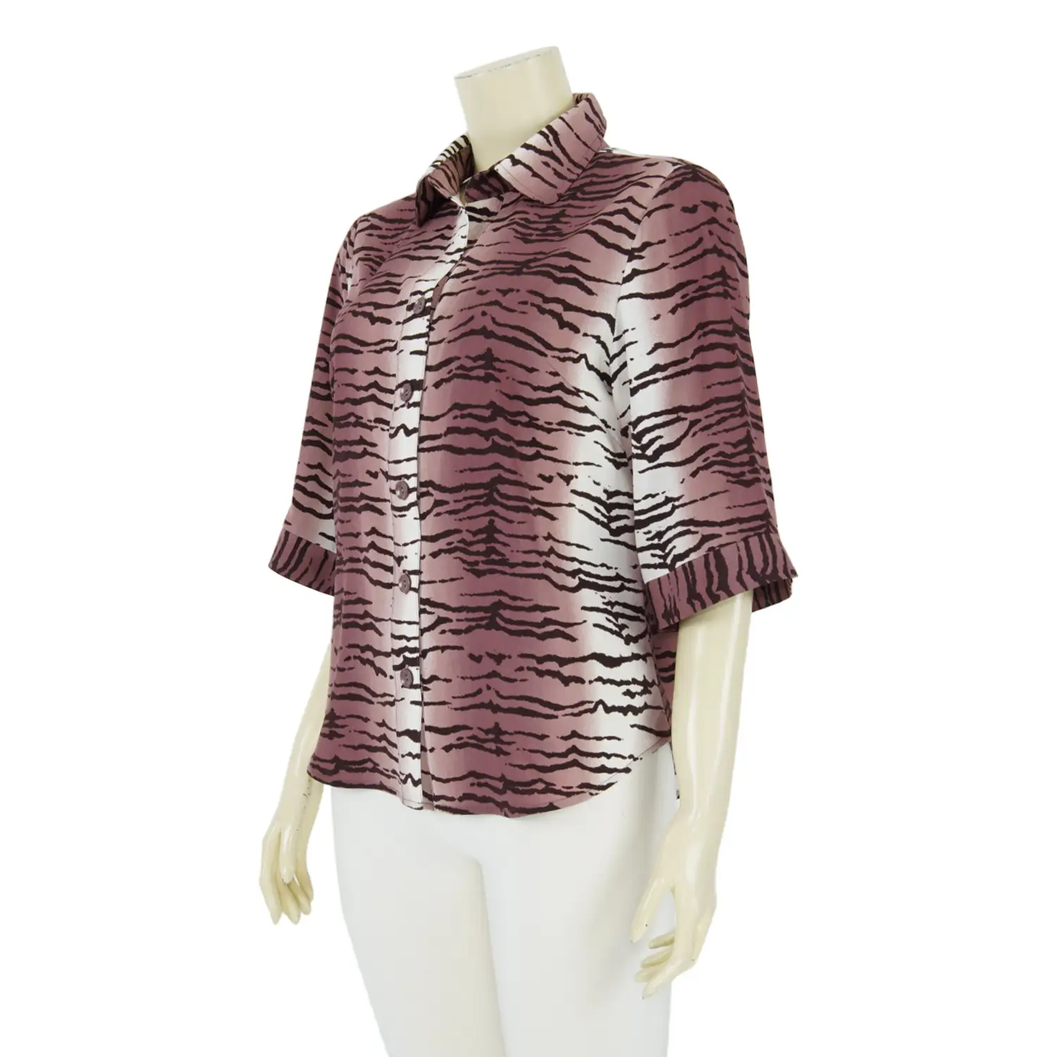 เสื้อเชิ้ตปลายปกมน แขน 3 ส่วน ลายเสือโทนสีแดง - Image 2