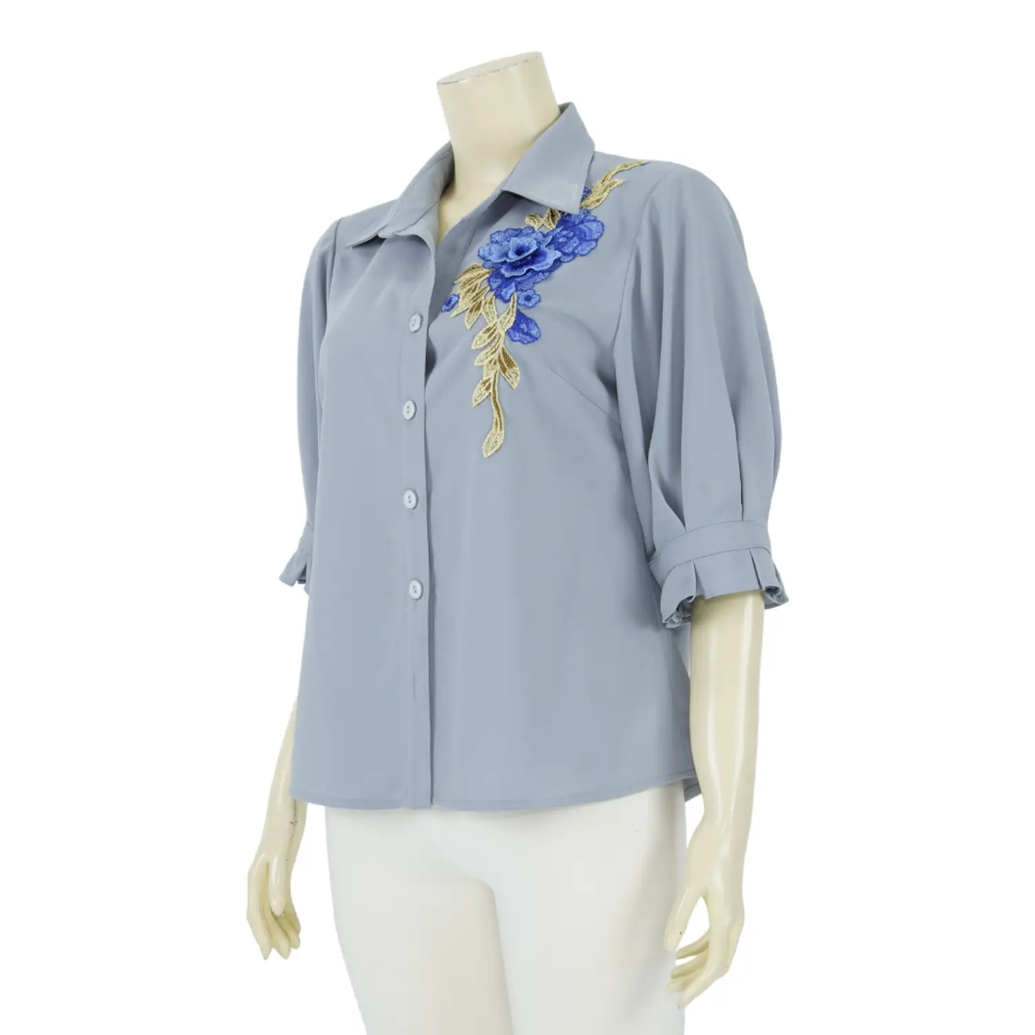 เสื้อเชิ้ต แขน 3 ส่วน แต่งช่อลูกไม้ - Image 2