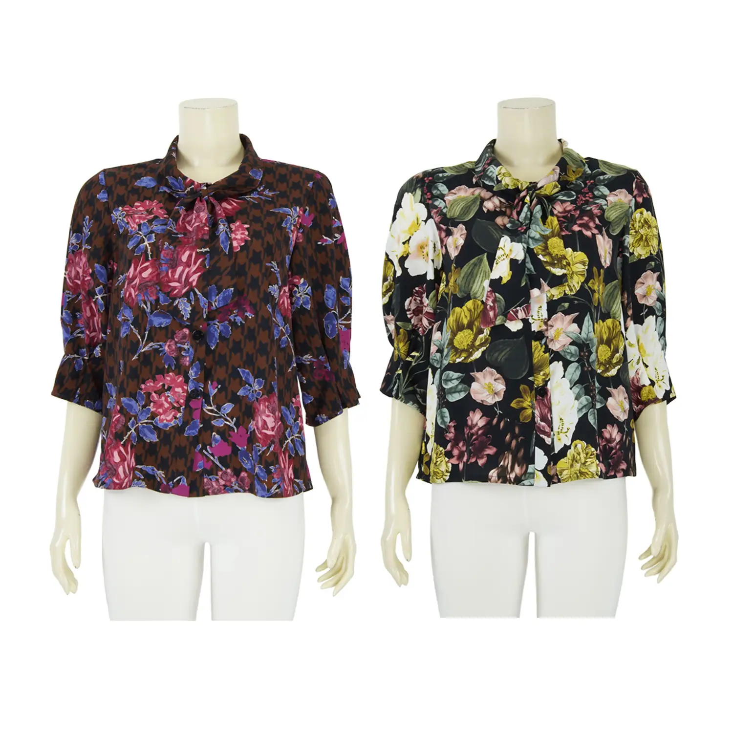 เสื้อคอกลม แต่งโบว์ แขน 3 ส่วน ผ้าพีชสกินลายดอกไม้