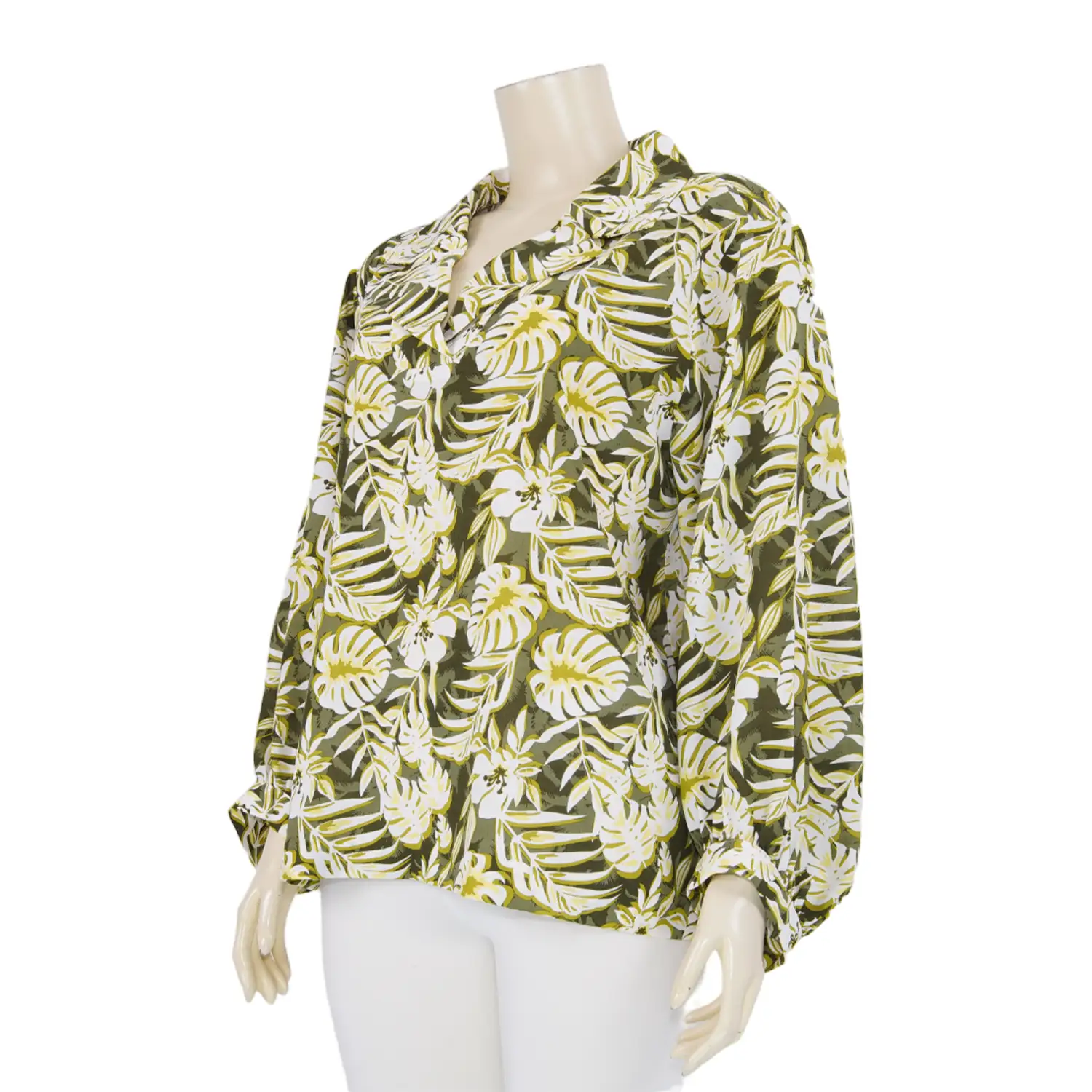 เสื้อเชิ้ต แขนพอง 4 ส่วน ผ้าลายใบไม้และดอกไม้ - Image 2