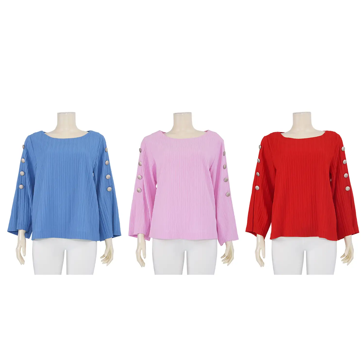 เสื้อคอปาด แขน 4 ส่วน ดีไซน์ติดกระดุม ผ้าอัดพลีทลายทาง