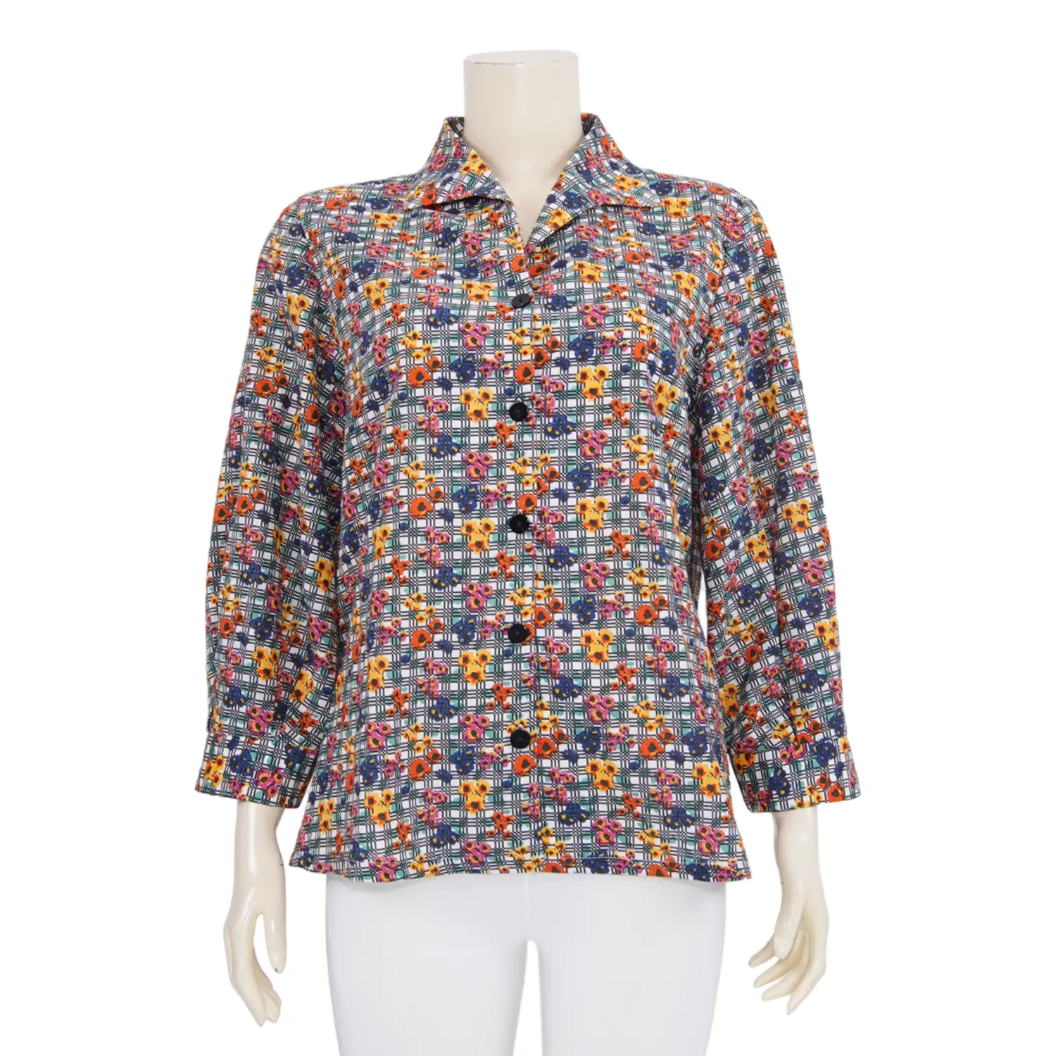 เสื้อเชิ้ตคอปกปีกนกแขนกระบอกยาว ผ้าคอตตอนลายดอกไม้