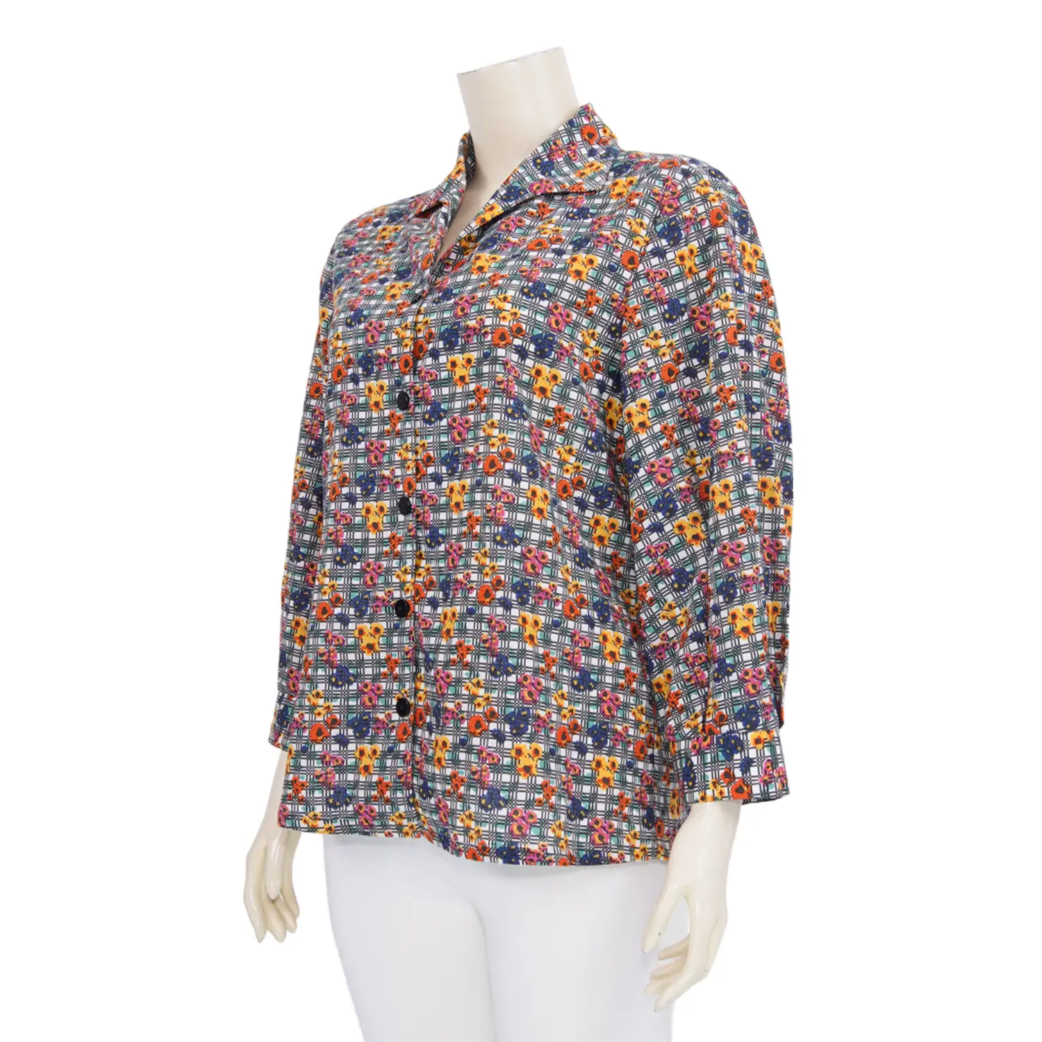 เสื้อเชิ้ตคอปกปีกนกแขนกระบอกยาว ผ้าคอตตอนลายดอกไม้ - Image 2