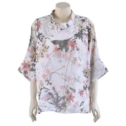 เสื้อสตรีคอกลม แขน ค้างคาวยาว 3 ส่วน  ผ้าชีฟองพิมพ์ลายดอกไม้ - Image 3