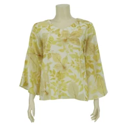 เสื้อสตรีคอวี แขนยาว 5 ส่วน  ตัดต่อแขนบานทรงกระดิ่ง  ผ้าพิมพ์ลายจากใบไม้
