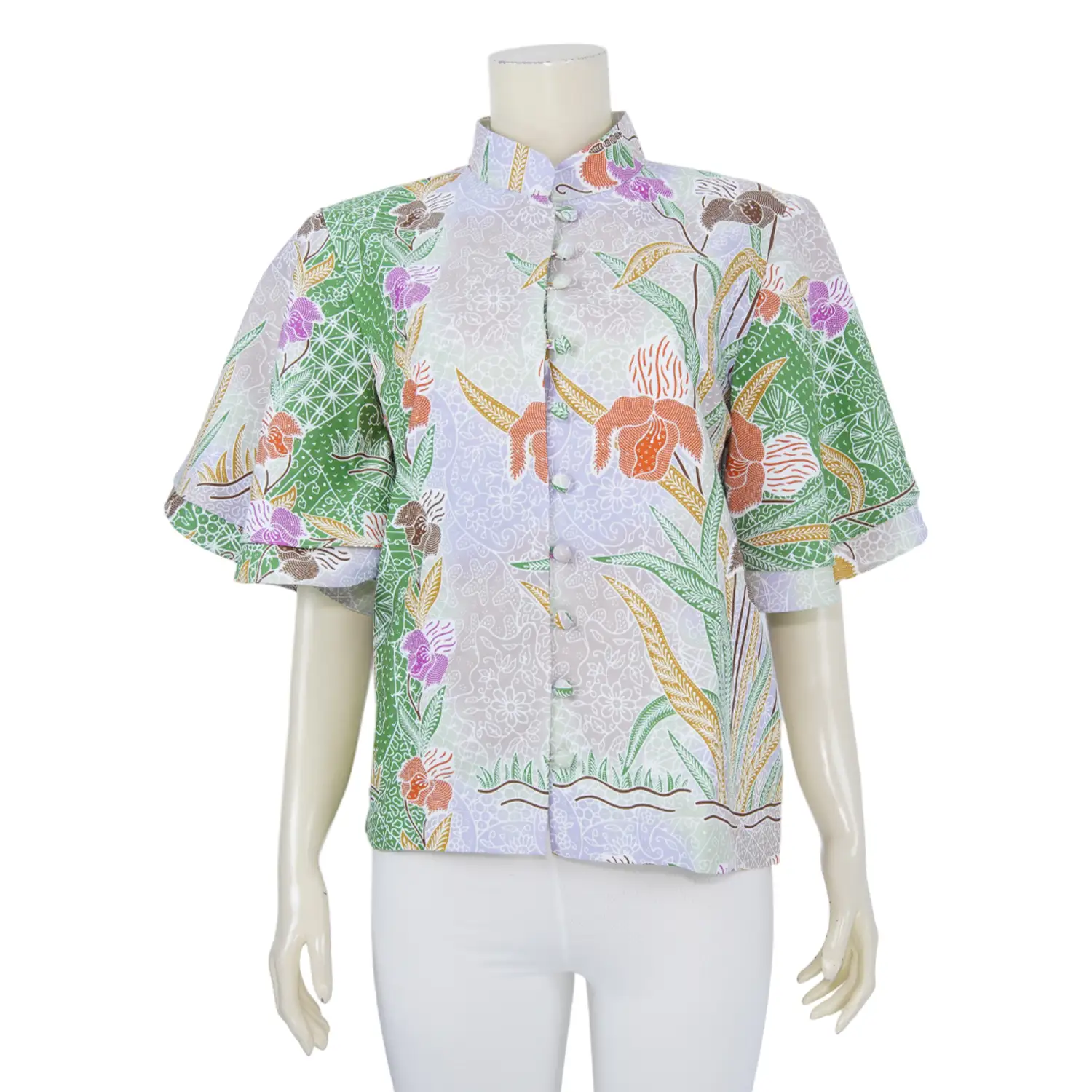 เสื้อคอตั้ง แขนสั้น ทรงแขนระบาย 2 ชั้น ผ้าปาเต๊ะลายดอกกล้วยไม้